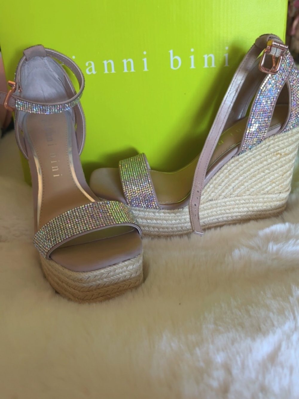 Gianni Bini Iridescent Crystal Pink Espadrille Wedge Sandals